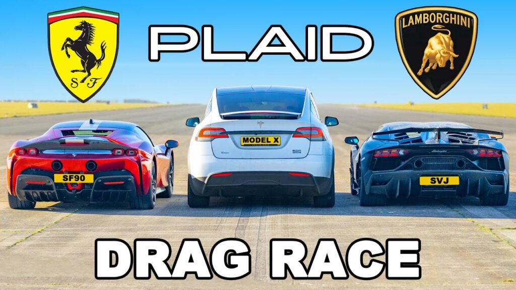 Drag Race: Tesla Model X PLAID vs Ferrari SF90 vs Lamborghini Aventador SVJ