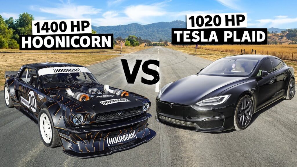 The Race: Tesla Model S Plaid vs Ken Blocks 1400hp AWD Mustang Hoonicorn