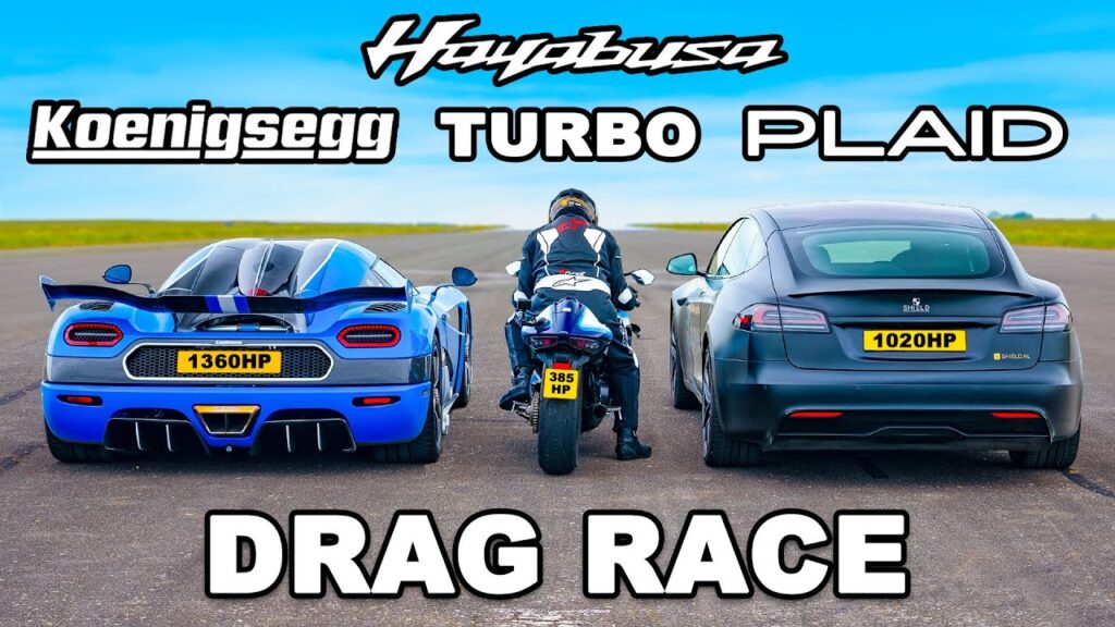 Drag Race: Koenigsegg Agera RST vs Tesla Model S Plaid vs Suzuki Hayabusa