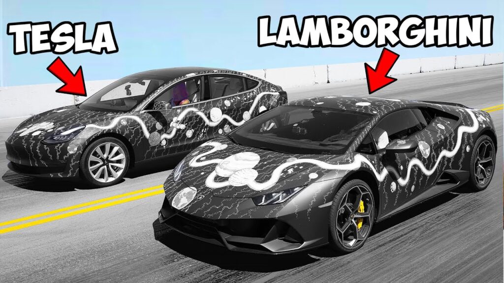 Elon Musk Face on Tesla Hood: Customized Lamborghini vs Tesla Race
