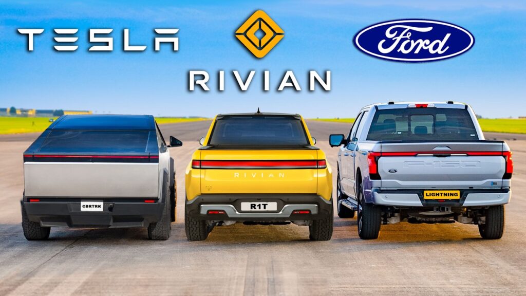 Comparison of three all-electric pick-up trucks: Tesla Cybertruck, Rivian R1T, and Ford F-150 Lightning