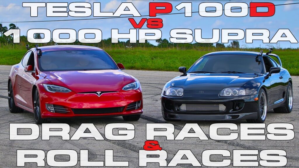 Tesla Model S P100D Ludicrous vs 1,000 HP Toyota Supra Turbo Drag Racing and Roll Racing