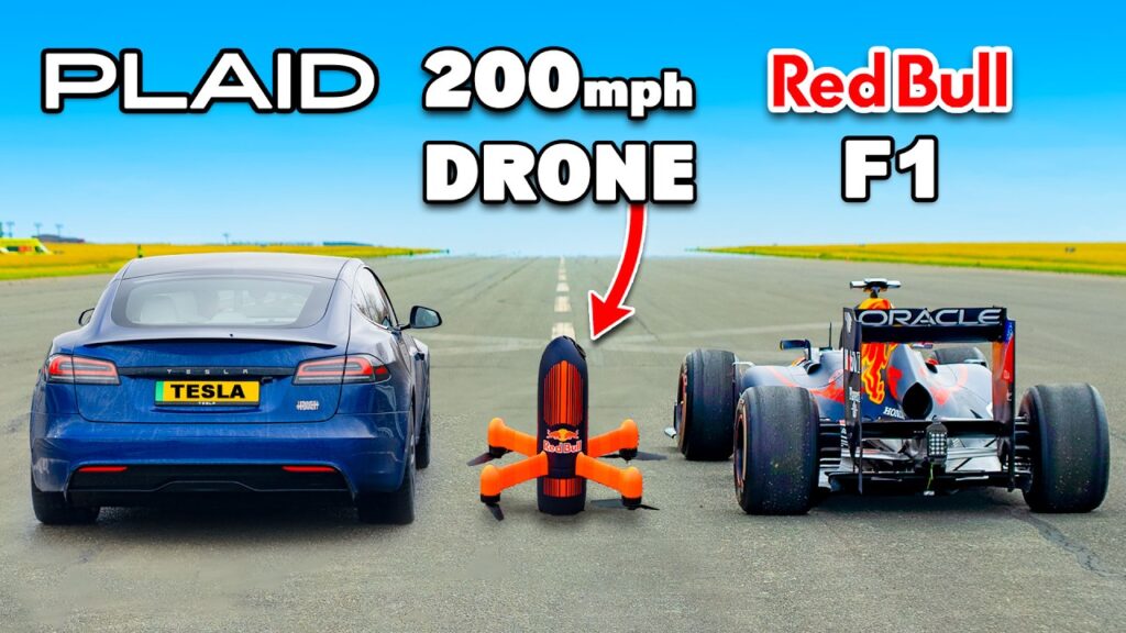 The drag race features a Tesla Model S Plaid and a Red Bull film drone