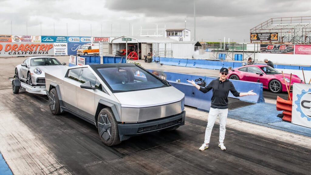Behind the scenes of Jordan testing Teslas Cybertruck towing a Porsche 911 in a drag race