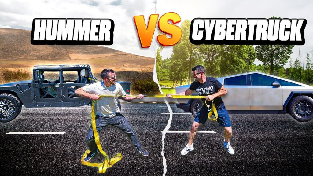 Tug of War Challenge between a Humvee and Tesla Cybertruck by Flying Wheels