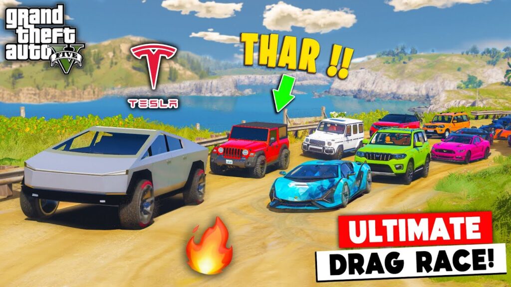 GTA 5 Drag Race: Tesla Cybertruck Vs Mahindra Thar, Scorpio N  more! | Highway  Offroad Challenge!