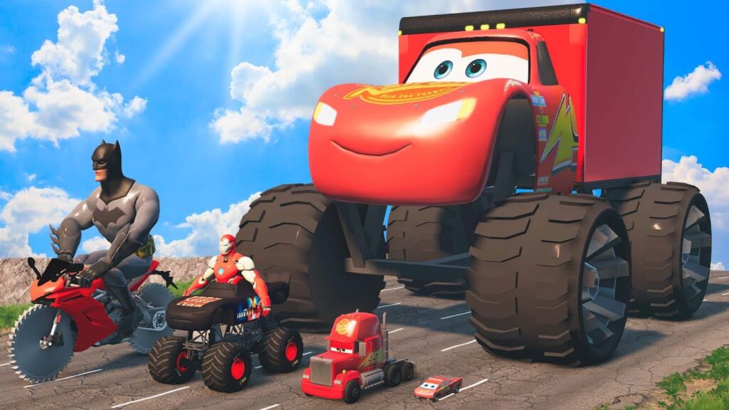 Big  Small McQueen Tesla Cybertruck with Monster Truck Wheels vs DOWN OF DEATH in BeamNG.Drive