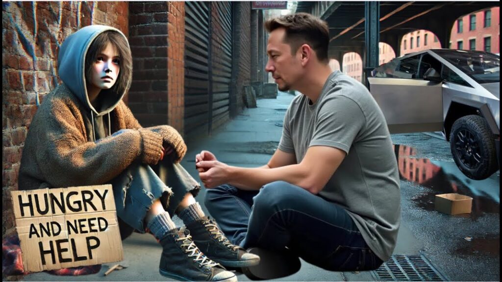 Elon Musk stops his Cybertruck for a homeless girl, showcasing a moment of humanity